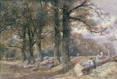Children Sitting on Tree Trunk by Myles Birket Foster